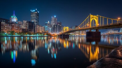 Fototapeta premium Stunning Night View of Pittsburgh Skyline Reflected in River with Iconic Bridge Illuminated by City Lights and Starry Sky Above
