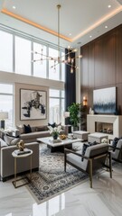 Naklejka premium Luxurious Modern Living Room with High Ceilings and Fireplace.