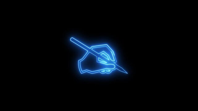 Neon blue hand with pen writing animation for creative projects.
