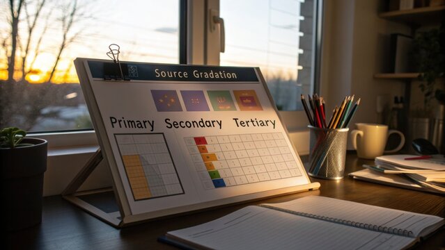 Source Gradation Chart on Desk with Sunset View, Colorful Charts, and Stationery in Modern Workspace Environment