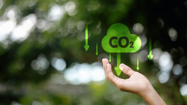 Hand Presenting Green CO2 Icon with Downward Arrows Stock Photo