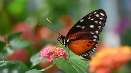 Fototapeta premium Vibrant Butterfly on Colorful Flowers in Soft Focus Garden Setting Illustrating Nature's Beauty and Delicate Ecosystems in Natural Light