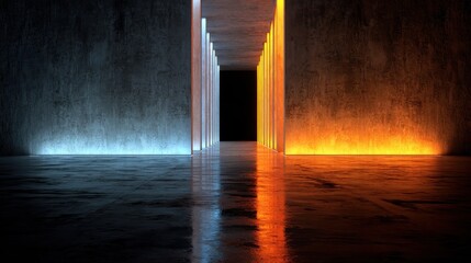 Fototapeta premium Long concrete hallway illuminates with contrasting warm and cool vertical light strips