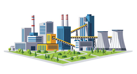 Naklejka premium Industrial factory complex with conveyor belts and green trees in a flat vector style isolated on a clean white background.