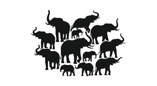 Herd of elephants in various sizes and poses, black silhouette collection.