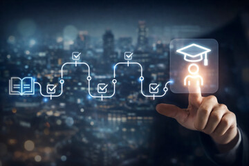 Obraz premium Student interacts with a glowing academic pathway icon on a virtual screen featuring a graduation cap symbol while blurred metropolitan building lights create a sophisticated background for.