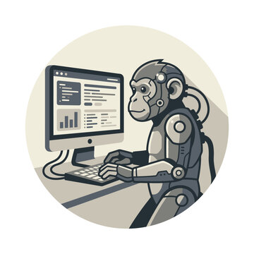 Cybernetic monkey working on a computer within a circle.