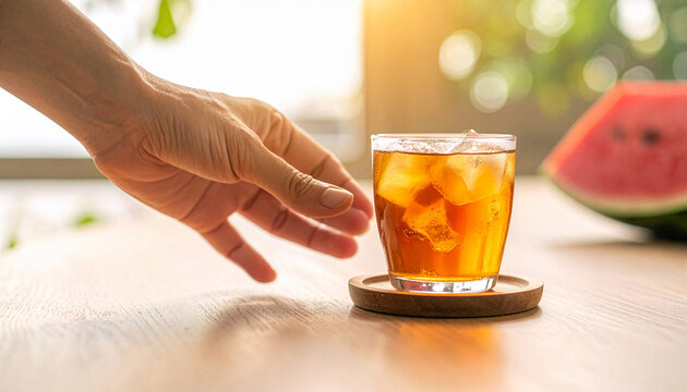 木製テーブルの上の冷たい麦茶に手を伸ばす手元、カットスイカのある夏の暮らし