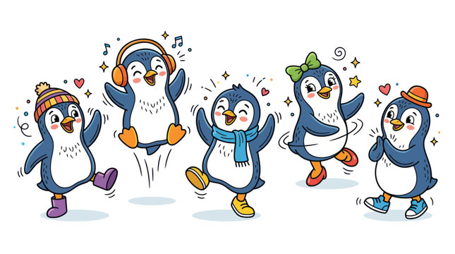 Festive group of happy cartoon penguins dancing and celebrating