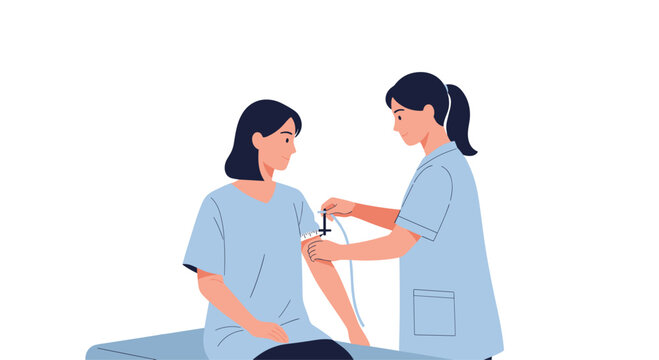 Nurse using a skinfold caliper to measure the arm fat of a female patient sitting on an examination table during a body composition analysis in a clinic.