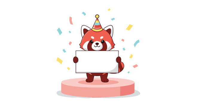 Red panda character wearing a colorful party hat stands on a pink pedestal while holding a blank white sign for birthday celebration announcements.