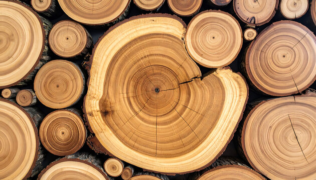 Natural wooden log end cross section pattern, brown timber rings texture, organic forest logging material for rustic interior design backdrops