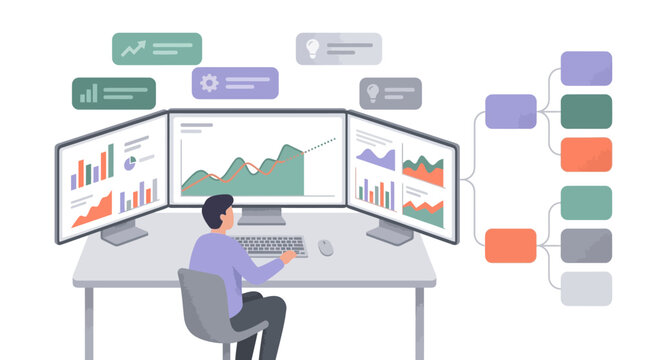 Multi Monitor Analytics Workstation with KPI Dashboard, Forecast Charts and Workflow Decision Tree