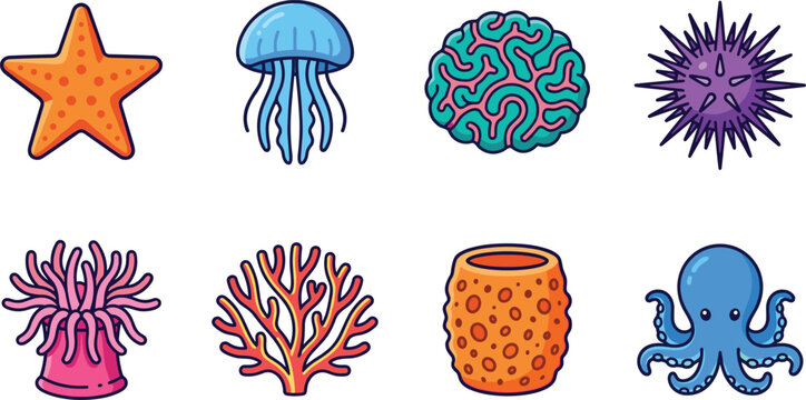 Set of colorful sea life icons featuring jellyfish octopus starfish and coral vectors isolated on white background