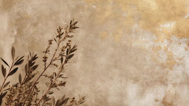 Aesthetic dried olive branches rest on a rustic beige and gold textured wall, evoking a warm, earthy ambiance. Ideal for contemporary design, branding, or social media visuals