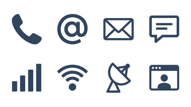 Set of eight minimalist communication and technology icons including phone, email, messaging, signal strength, Wi-Fi, satellite dish, and video call