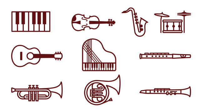 Set of brown line icons depicting various musical instruments including piano, violin, saxophone, guitar, flute, trumpet, French horn, and drums.