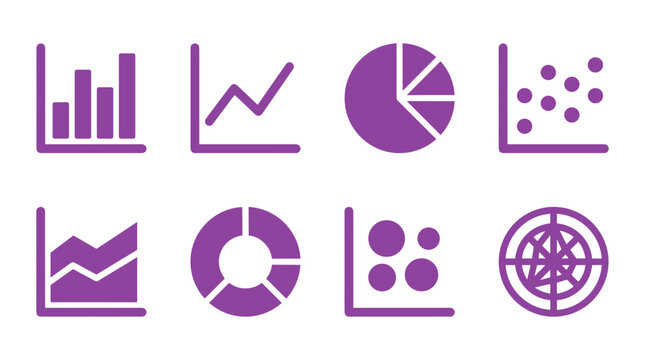 Set of purple data visualization icons including bar charts, line graphs, pie charts, scatter plots, area charts, donut charts, and radar charts