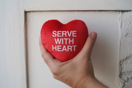 Hand holding a red plush heart with the message "SERVE WITH HEART" against a white wall background.