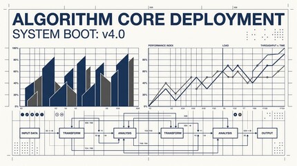 Obraz premium Detailed algorithm core deployment flowchart with data transform steps and performance index graphs.