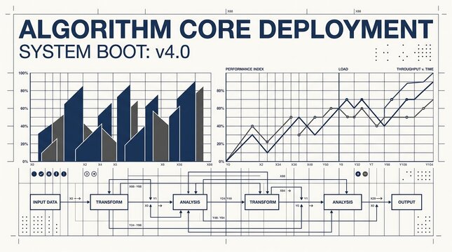 Detailed algorithm core deployment flowchart with data transform steps and performance index graphs.