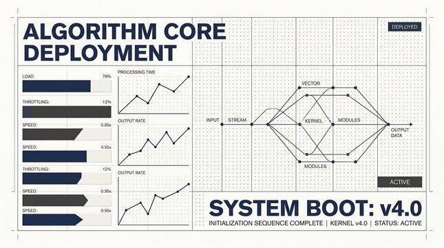 Algorithm core deployment technical dashboard showing system boot sequence charts and modules diagram.