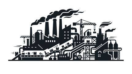 Fototapeta premium Industrial manufacturing factory with smoking chimneys and conveyors