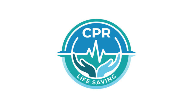 Medical cpr life saving logo with heartbeat and supportive hands