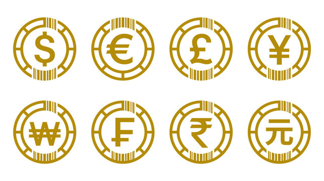 A collection of eight gold-colored currency symbol coins with a circular pattern around each symbol, representing different global currencies such as