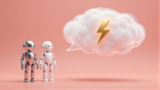 Two robots stand before a cloud with lightning, symbolizing AI power and innovation.