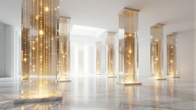 Glowing binary code columns in a futuristic, elegant white marble hallway.