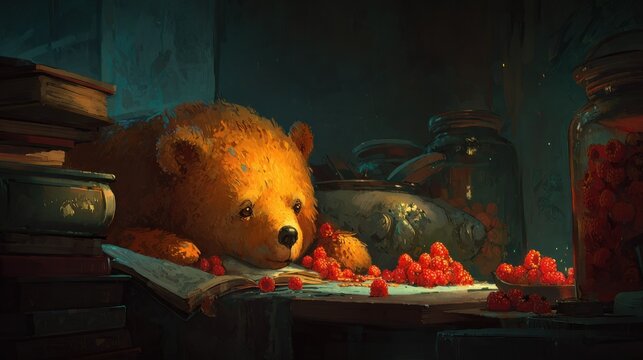 Adorable stuffed animal rests near fresh berries and stacked books in dim light