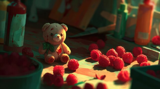 Illumination highlights a small, damaged stuffed toy surrounded by fallen fruit on a cluttered wooden surface.