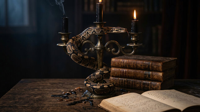 Ball python snake coiled around an antique candelabra with lit candles and old books in a dark spooky gothic Halloween setting