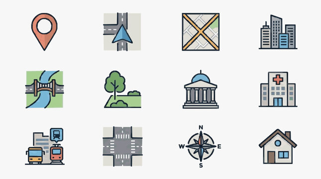 Icon Set of Urban Symbols and Locations.