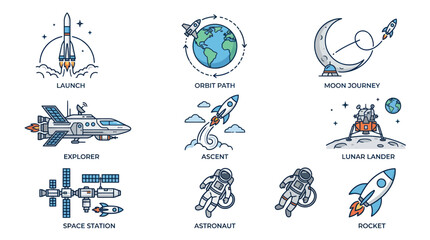 Space Exploration Icons: Rockets, Astronauts, Planets, Moon, Space Station © mamik