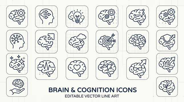 Brain and Cognition Line Icon Set - Editable Vector Art for Mind, Ideas, and Learning