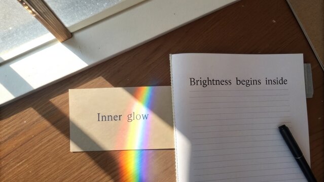 Inner Glow Message with Rainbow Reflection and Notebook on Sunlit Wooden Table for Inspirational Content Creation