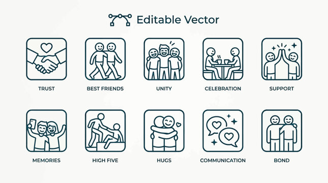 Collection of friendship and support icons representing connection, unity, celebration, and shared moments