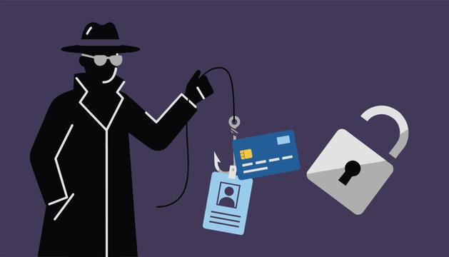 Cybercrime concept illustration shows a hacker in a trench coat and hat fishing for sensitive personal identity data and credit card information.