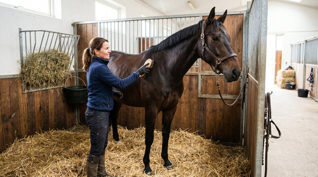 Horse grooming in stable