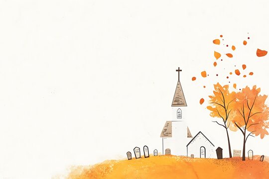 Autumn scene with church and cemetery