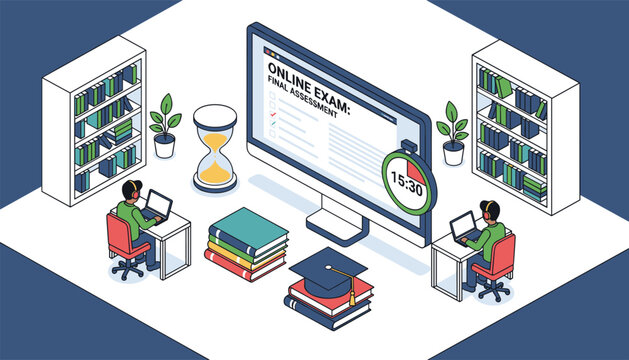 Online exam and distance learning concept with students taking final assessments at home using computers and digital educational resources.