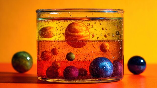 Miniature celestial bodies suspended within layers of colorful liquids inside a transparent container