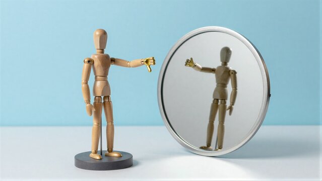 Wooden figure gives thumbs down to its mirrored reflection, symbolizing self-doubt or rejection.