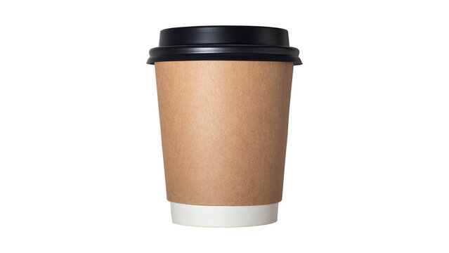 Disposable paper coffee cup with black lid isolated on transparent background
