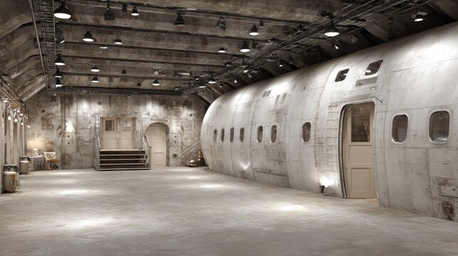 Industrial interior space features a partial airplane fuselage installation against a concrete wall.
