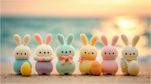 Row of six soft knitted bunny figures stands on sandy beach shore near ocean water at sunset