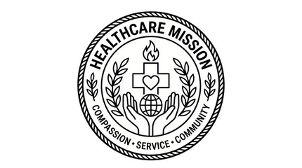 Fototapeta premium Healthcare mission emblem with hands holding a globe and cross
