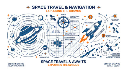 Space exploration map featuring a rocket ship and orbital planet © mamik